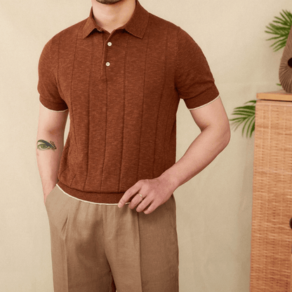 Men's brown linen-blend ribbed polo shirt with a three-button placket and structured lapel collar.