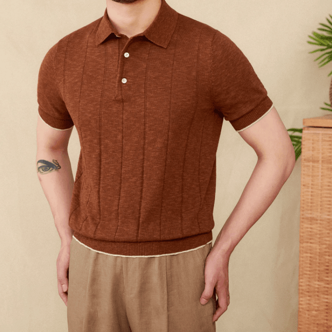Men's brown linen-blend ribbed polo shirt with a three-button placket and structured lapel collar.
