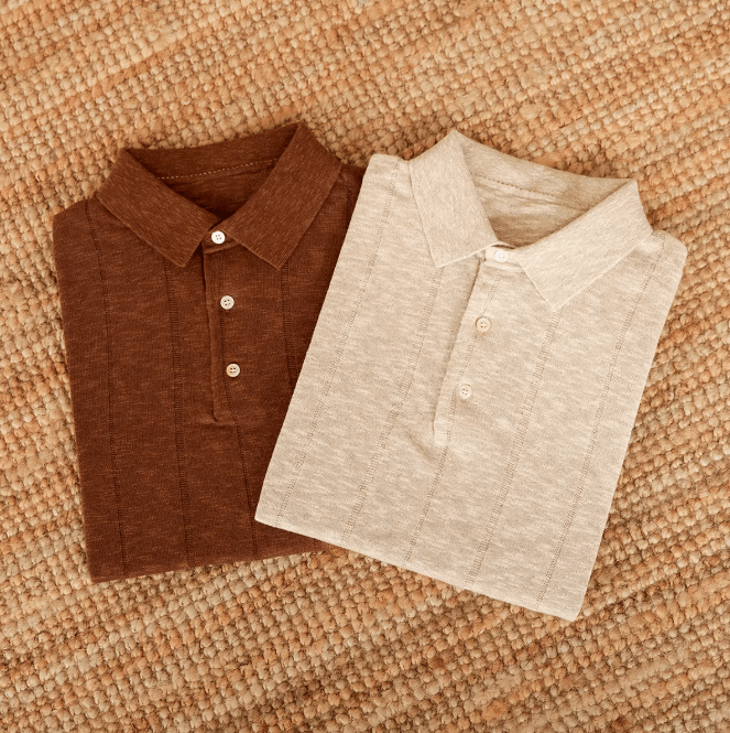 Sophisticated beige ribbed knit polo for men featuring a three-button front and breathable linen-cotton blend.