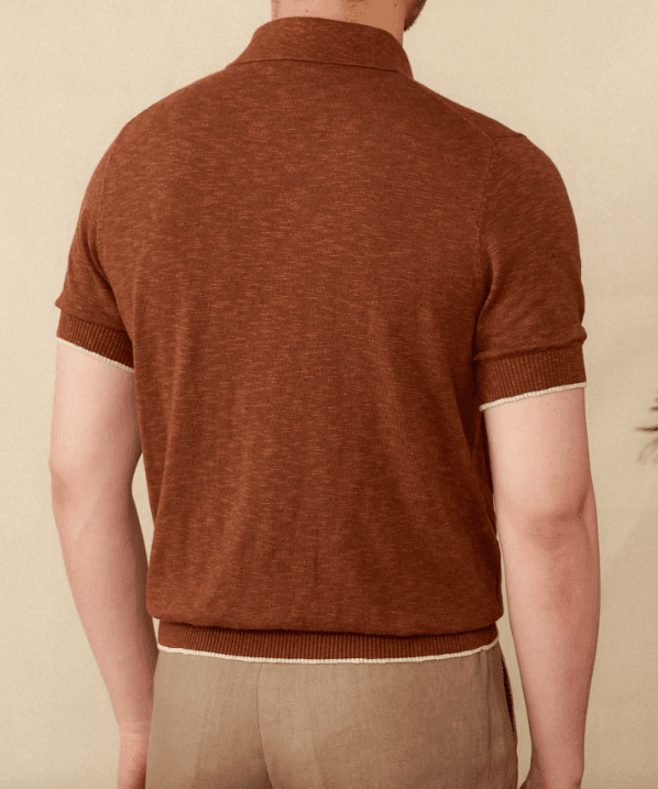 Men's brown linen-blend ribbed polo shirt with a three-button placket and structured lapel collar.