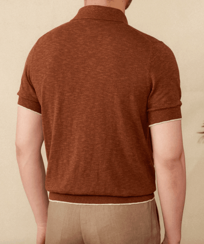 Men's brown linen-blend ribbed polo shirt with a three-button placket and structured lapel collar.