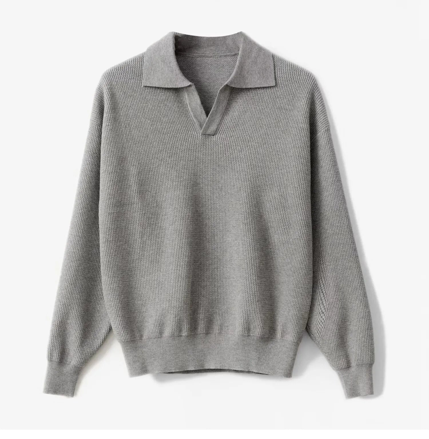 Sophisticated heather gray loose long sleeve polo with a clean V-neck collar and Italian-inspired Old Money aesthetic.