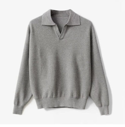 Sophisticated heather gray loose long sleeve polo with a clean V-neck collar and Italian-inspired Old Money aesthetic.