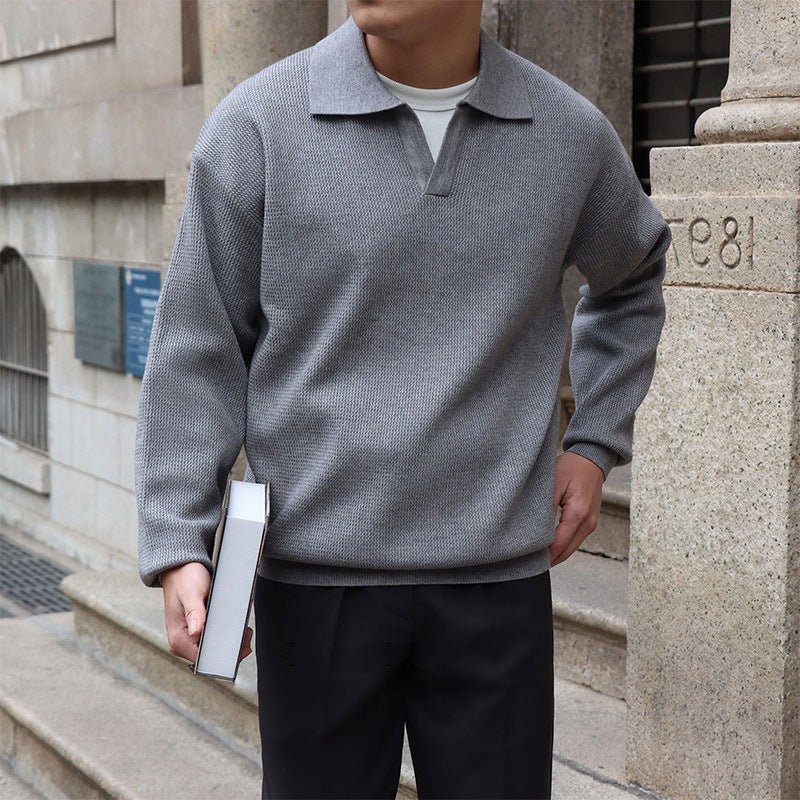 Sophisticated heather gray loose long sleeve polo with a clean V-neck collar and Italian-inspired Old Money aesthetic.