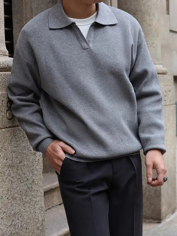 Sophisticated heather gray loose long sleeve polo with a clean V-neck collar and Italian-inspired Old Money aesthetic.