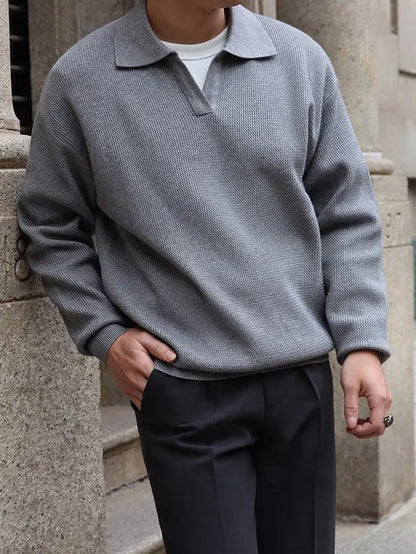 Sophisticated heather gray loose long sleeve polo with a clean V-neck collar and Italian-inspired Old Money aesthetic.
