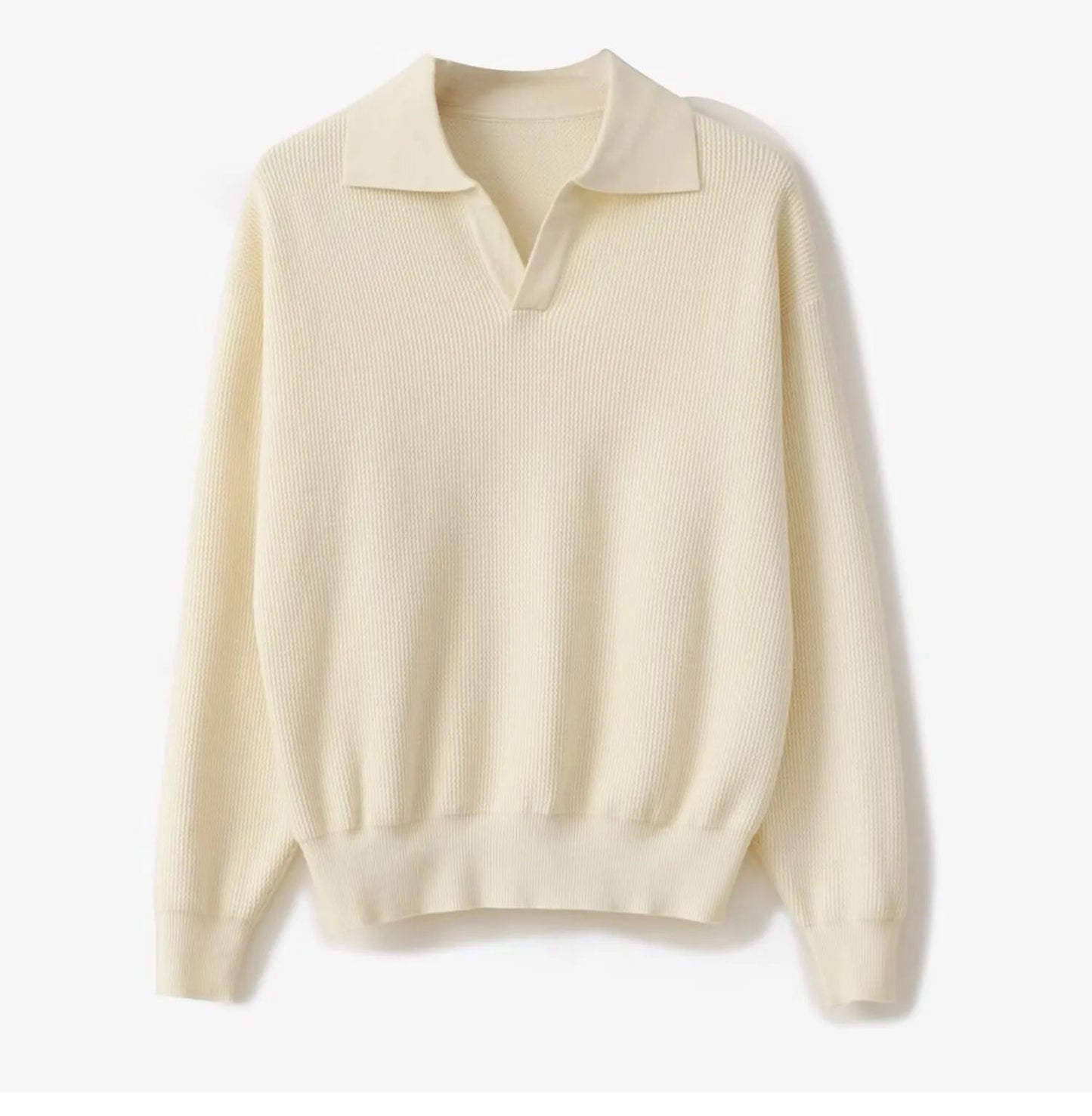Men's ivory long sleeve buttonless V-neck polo featuring a relaxed fit and premium cotton-poly blend for a comfortable, cool look.