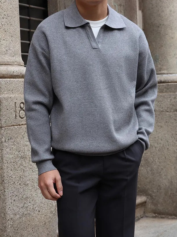 Sophisticated heather gray loose long sleeve polo with a clean V-neck collar and Italian-inspired Old Money aesthetic.