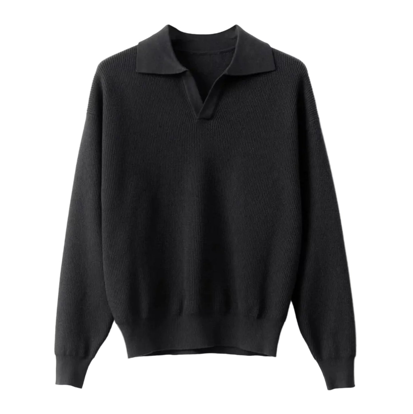 Classic black buttonless V-neck long sleeve polo for men, showcasing a breathable textured weave and relaxed professional silhouette.