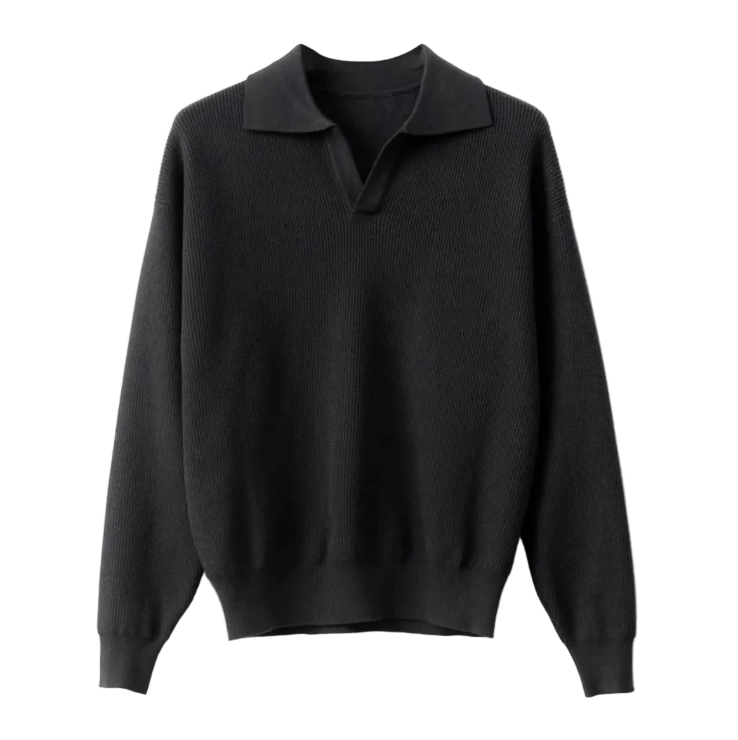 Classic black buttonless V-neck long sleeve polo for men, showcasing a breathable textured weave and relaxed professional silhouette.