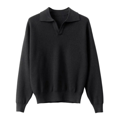 Classic black buttonless V-neck long sleeve polo for men, showcasing a breathable textured weave and relaxed professional silhouette.