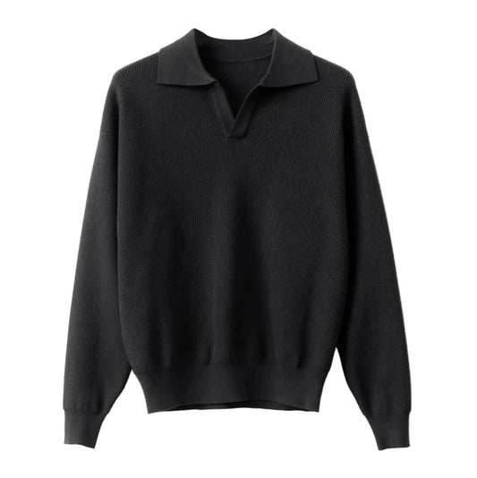 Classic black buttonless V-neck long sleeve polo for men, showcasing a breathable textured weave and relaxed professional silhouette.