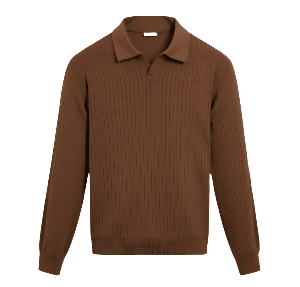 Sophisticated coffee brown ribbed knit polo for men, featuring a tailored long sleeve fit and a premium textured finish.