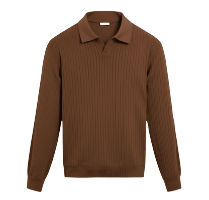 Sophisticated coffee brown ribbed knit polo for men, featuring a tailored long sleeve fit and a premium textured finish.