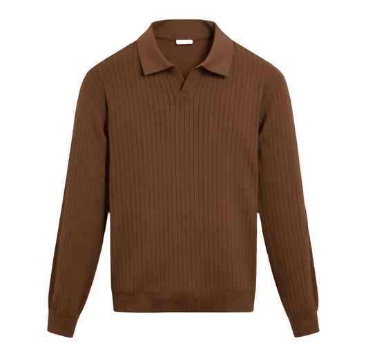 Sophisticated coffee brown ribbed knit polo for men, featuring a tailored long sleeve fit and a premium textured finish.