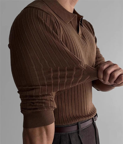 Sophisticated coffee brown ribbed knit polo for men, featuring a tailored long sleeve fit and a premium textured finish.