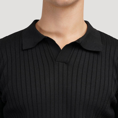 Classic black long sleeve knit polo with vertical ribbing and a refined V-neck design, perfect for a cool and sharp Italian look.