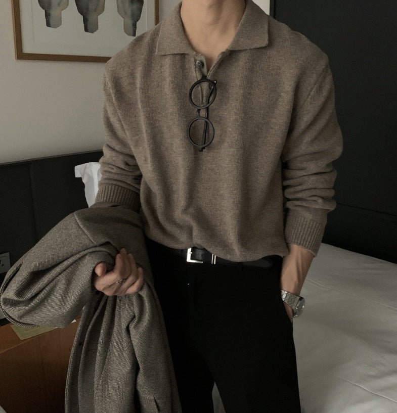 Sophisticated brown oversized knit polo for men, showcasing a two-button placket and premium minimalist design.