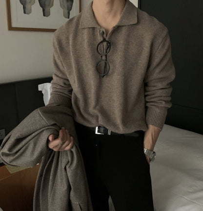 Sophisticated brown oversized knit polo for men, showcasing a two-button placket and premium minimalist design.