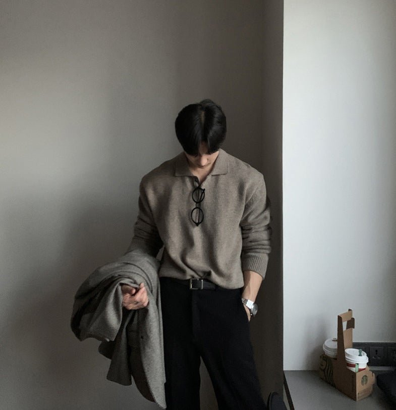 Sophisticated brown oversized knit polo for men, showcasing a two-button placket and premium minimalist design.