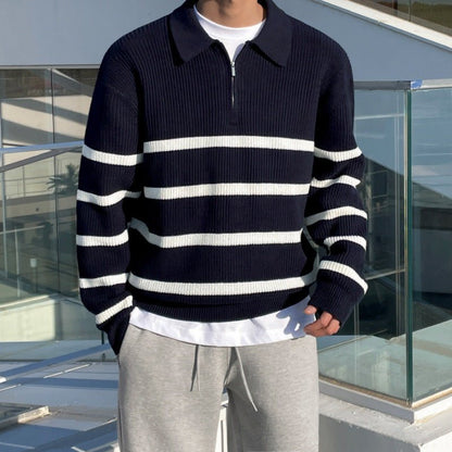 Navy blue loose half-zip striped polo sweater for men, showcasing a relaxed fit and premium vertical ribbed knit.