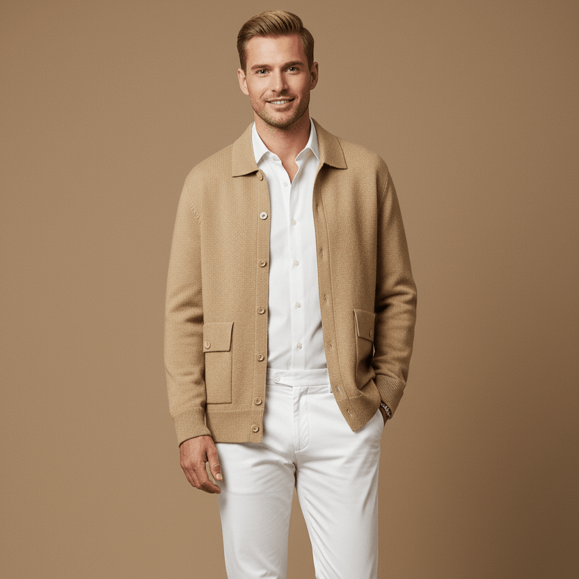 Man wearing a beige jacket, white shirt, and white pants on a brown background