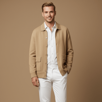 Man wearing a beige jacket, white shirt, and white pants on a brown background