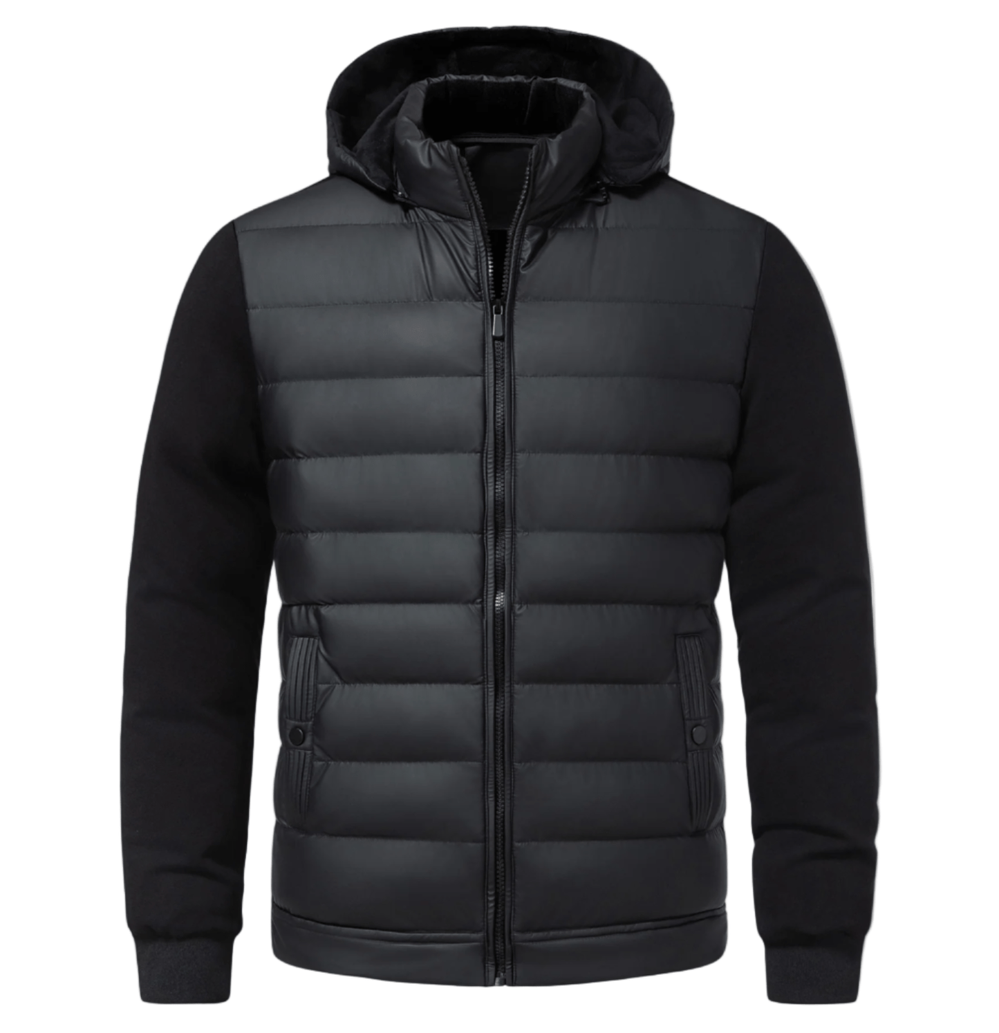 Black puffer jacket with a hood on a light gray background