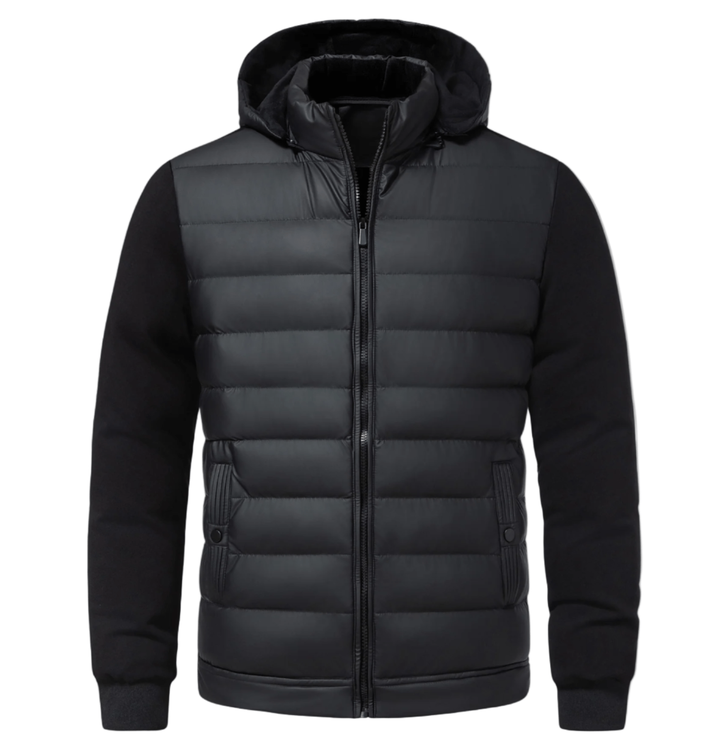 Black puffer jacket with a hood on a light gray background