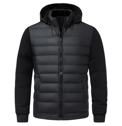 Black puffer jacket with a hood on a light gray background