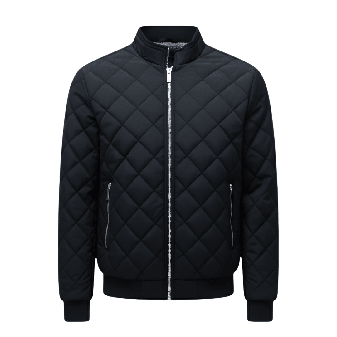 Black quilted jacket on a white background