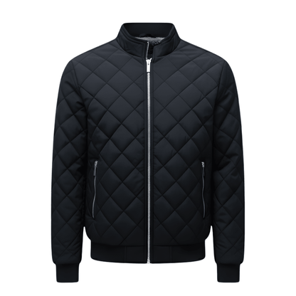 Black quilted jacket on a white background