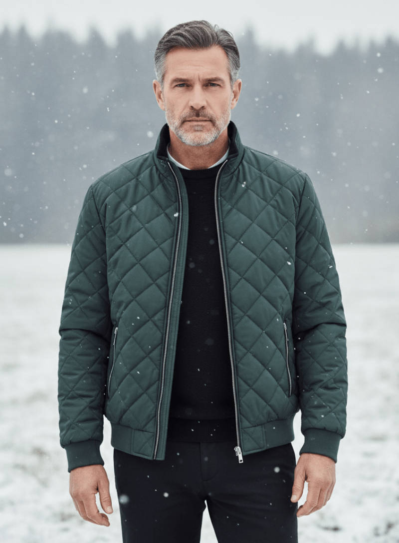 Man wearing a green quilted jacket in a snowy landscape