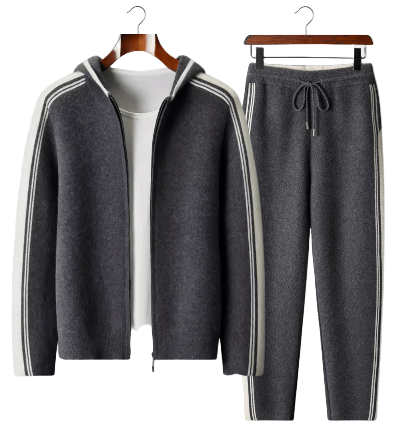 Charcoal dark gray merino wool matching set featuring a full-zip hoodie and athletic striped joggers.