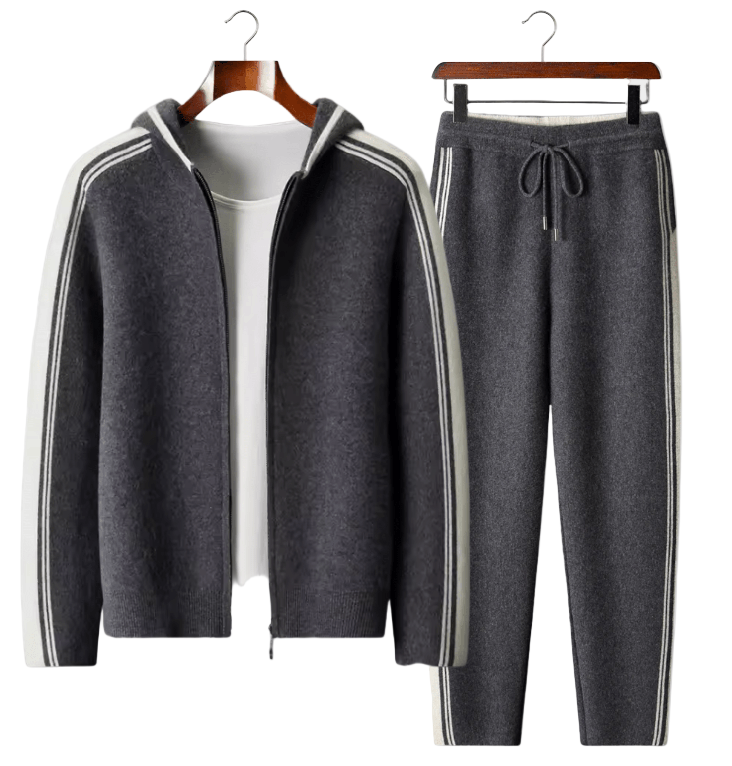 Charcoal dark gray merino wool matching set featuring a full-zip hoodie and athletic striped joggers.