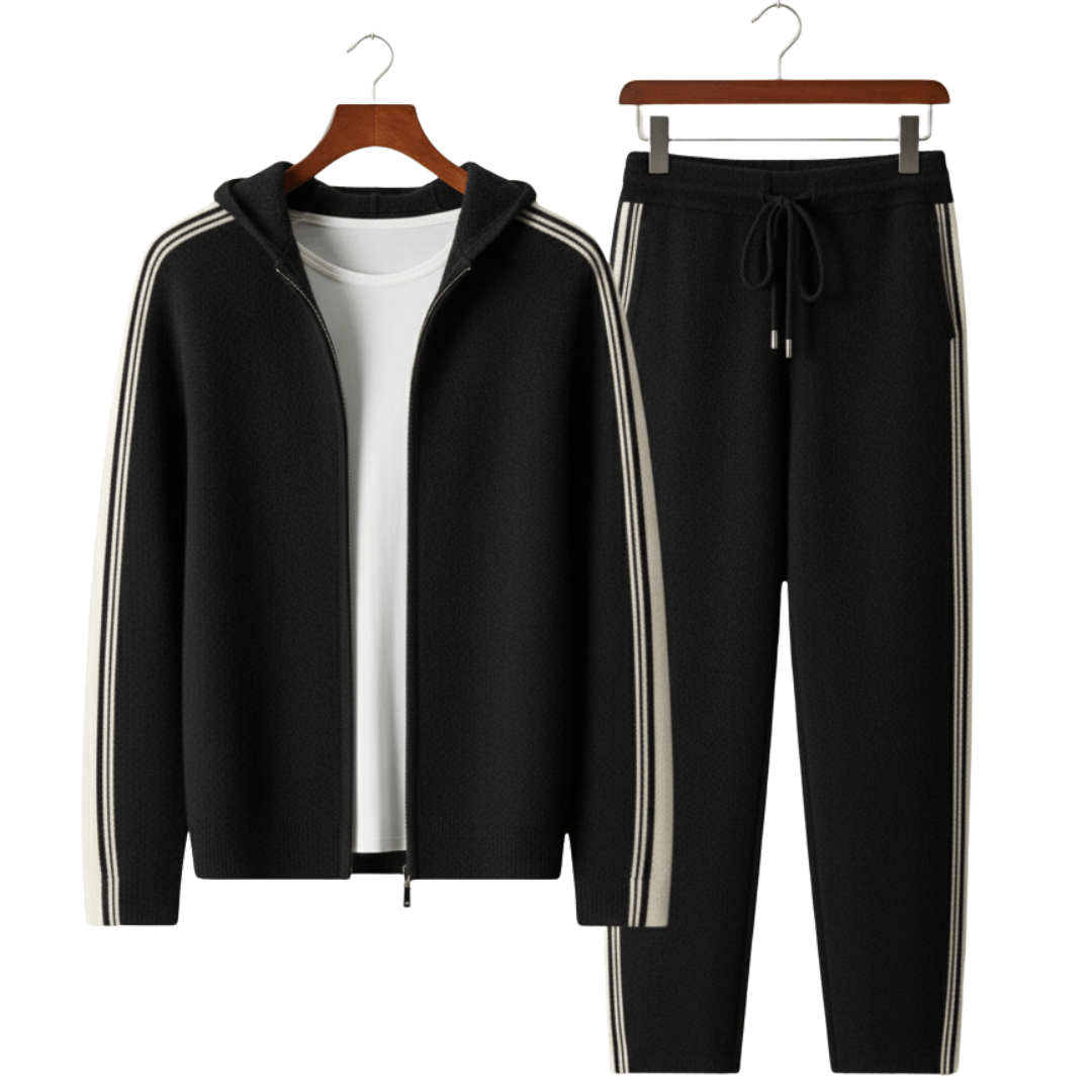 Black tracksuit with white stripes on a white background
