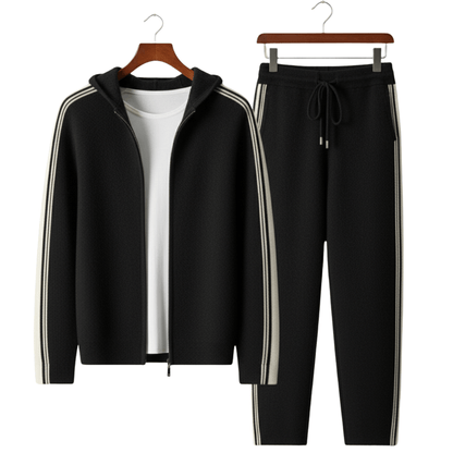 Black tracksuit with white stripes on a white background