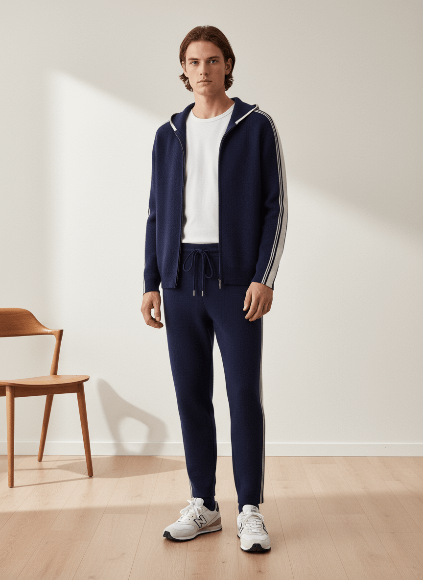 Man wearing a navy tracksuit with white stripes in a minimalistic room.