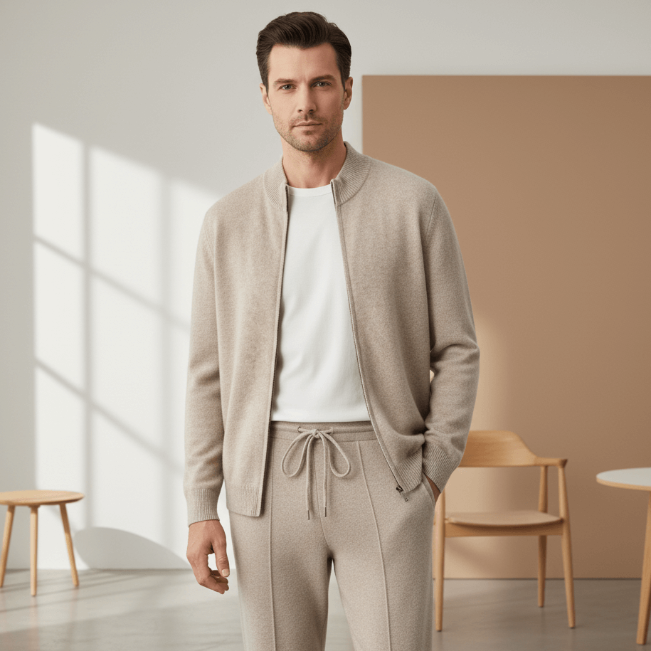 Man wearing a beige cardigan and pants in a minimalistic room with wooden furniture.