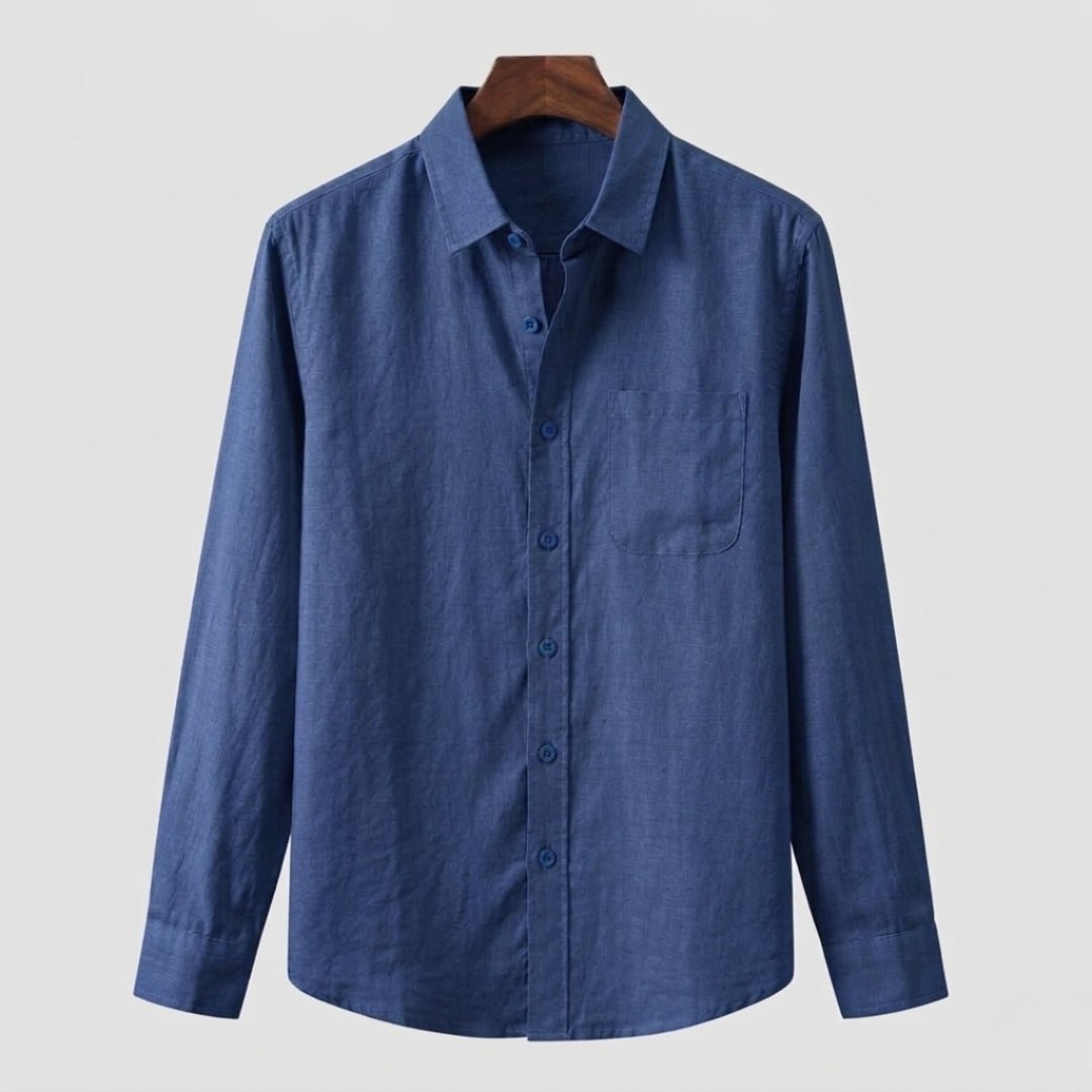 Men's blue long sleeve linen shirt, designed for maximum airflow and a relaxed coastal aesthetic.