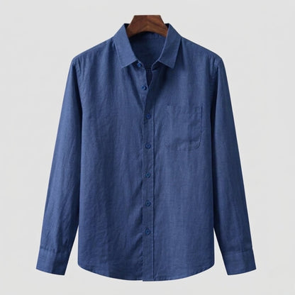 Men's blue long sleeve linen shirt, designed for maximum airflow and a relaxed coastal aesthetic.