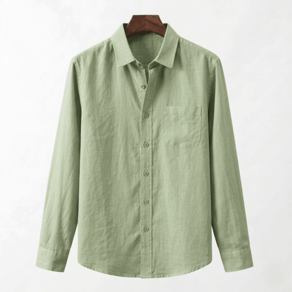 Men's mint green linen shirt featuring a soft pastel hue and a lightweight, moisture-wicking natural construction.