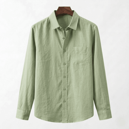Men's mint green linen shirt featuring a soft pastel hue and a lightweight, moisture-wicking natural construction.