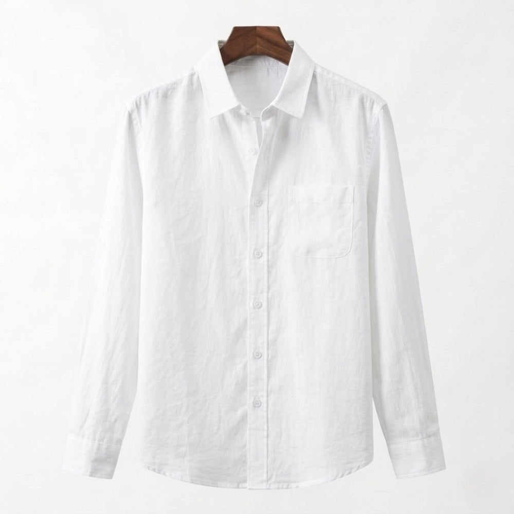 Premium Men's white long sleeve linen shirt showcasing a crisp, breathable weave and a tailored athletic profile.