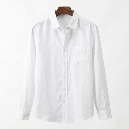 Premium Men's white long sleeve linen shirt showcasing a crisp, breathable weave and a tailored athletic profile.