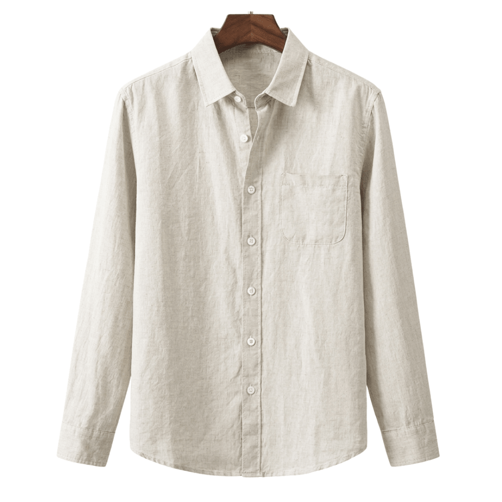 Men's beige long sleeve linen shirt featuring a natural textured finish, chest pocket, and classic button-down front.