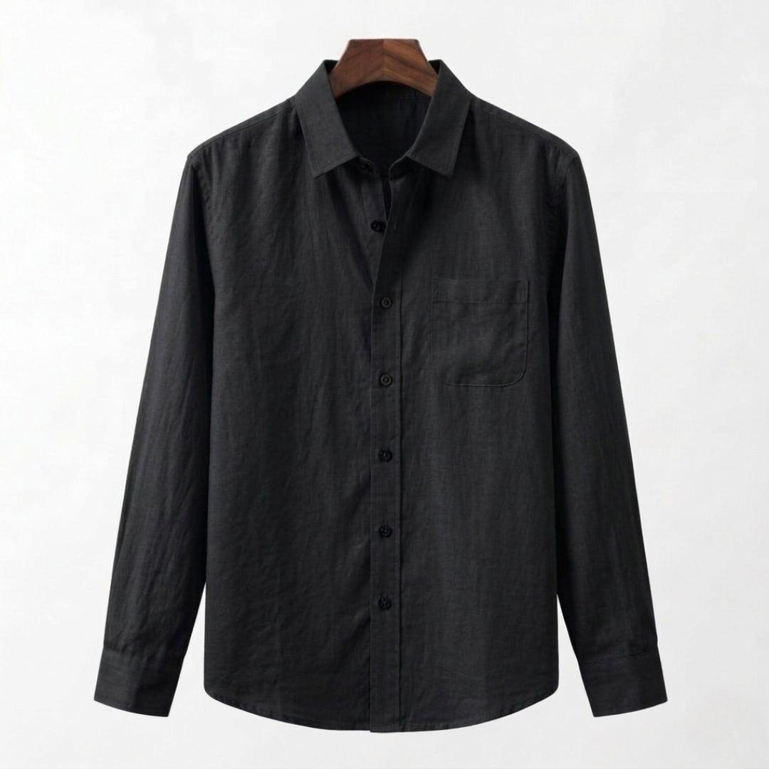 Sophisticated Men's black linen shirt with a relaxed yet structured fit, ideal for warm-weather evening wear.