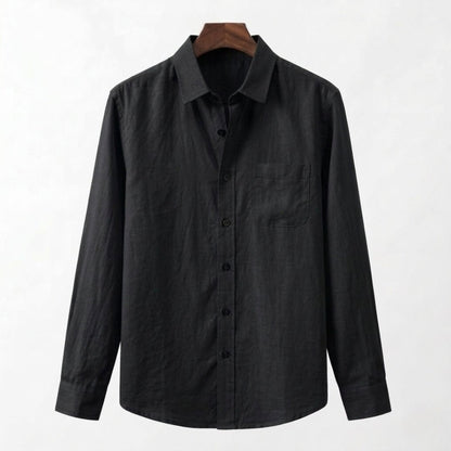 Sophisticated Men's black linen shirt with a relaxed yet structured fit, ideal for warm-weather evening wear.