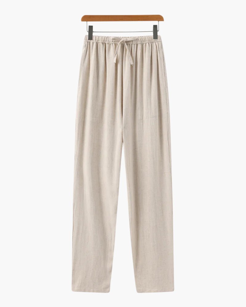 Men's beige straight-leg linen pants featuring a clean structured profile and an adjustable drawstring waistband.