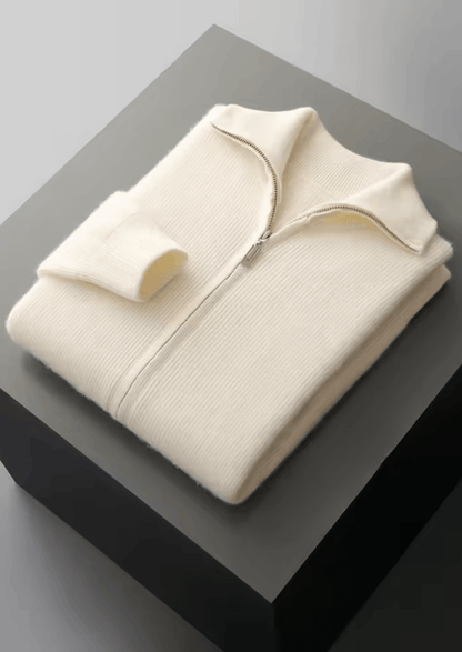 MERINO WOOL RIBBED ZIPPER CARDIGAN - LORMIER - 